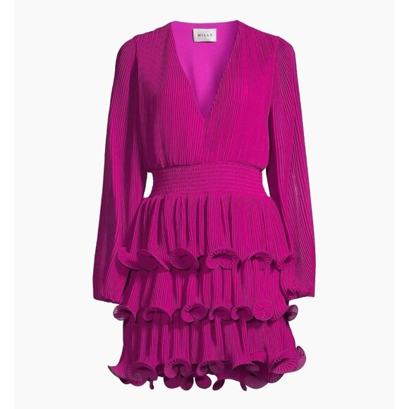 Women Milly Ryan A-Line Chiffon Dress Size 6 M Fuchsia Hem Ruffle V-Neck Layered - Picture 7 of 16